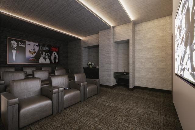 carpeted cinema featuring wooden ceiling