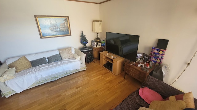 living area featuring ornamental molding and wood finished floors