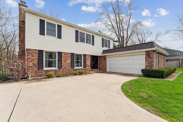 view of front of property with a chimney, brick siding, a garage, driveway, and a front lawn