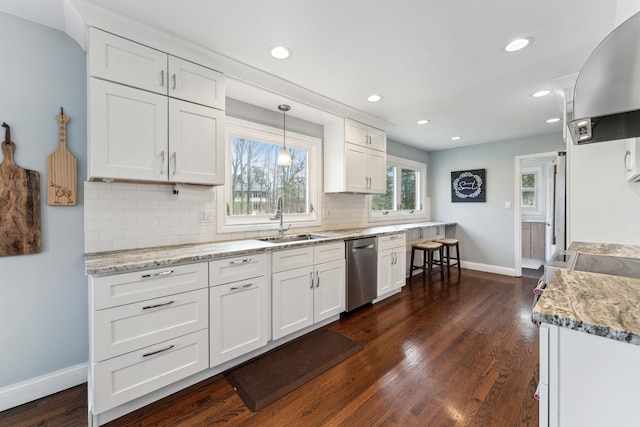 kitchen featuring a sink, ventilation hood, baseboards, stainless steel dishwasher, and white cabinets