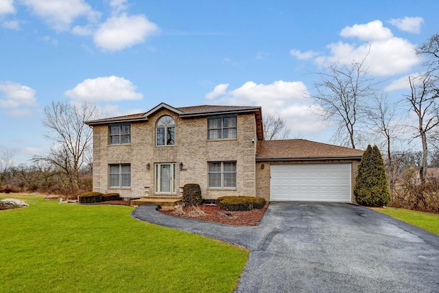 view of front of home with aphalt driveway, a garage, brick siding, roof with shingles, and a front lawn