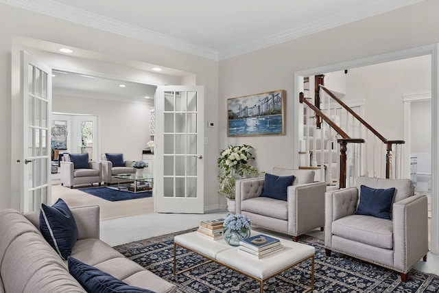 living area with french doors, stairway, recessed lighting, and crown molding