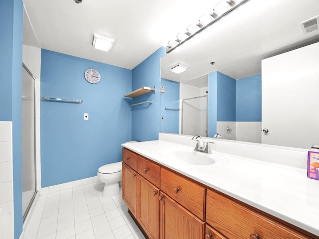 full bath with visible vents, a shower stall, toilet, tile patterned floors, and vanity