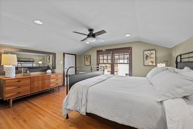 bedroom featuring recessed lighting, ceiling fan, light wood-style floors, and vaulted ceiling