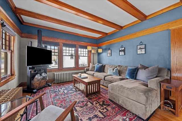 living room featuring plenty of natural light, beam ceiling, wood finished floors, and radiator heating unit