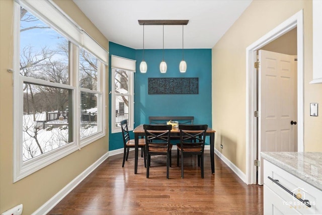 dining area with dark wood-style floors, plenty of natural light, and baseboards