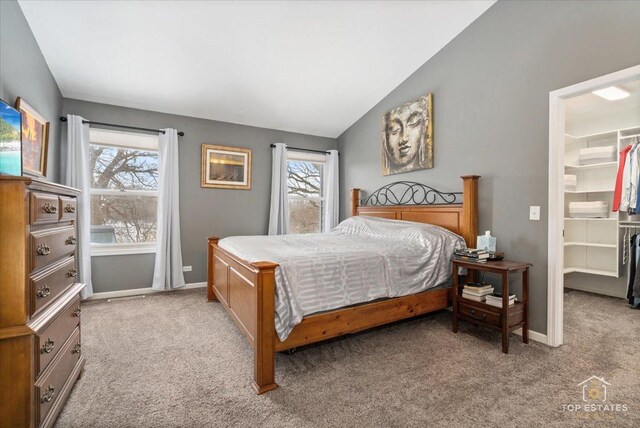 bedroom featuring a spacious closet, baseboards, carpet, and vaulted ceiling