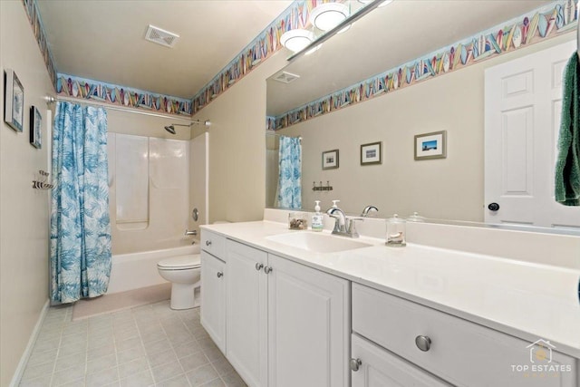 bathroom with visible vents, toilet, vanity, and shower / tub combo with curtain