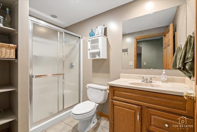 bathroom featuring tile patterned floors, a shower stall, toilet, and vanity