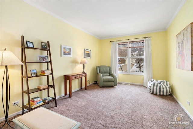 living area with carpet floors, baseboards, and ornamental molding