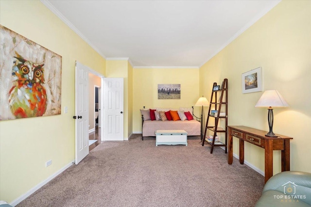 bedroom featuring crown molding, carpet, and baseboards