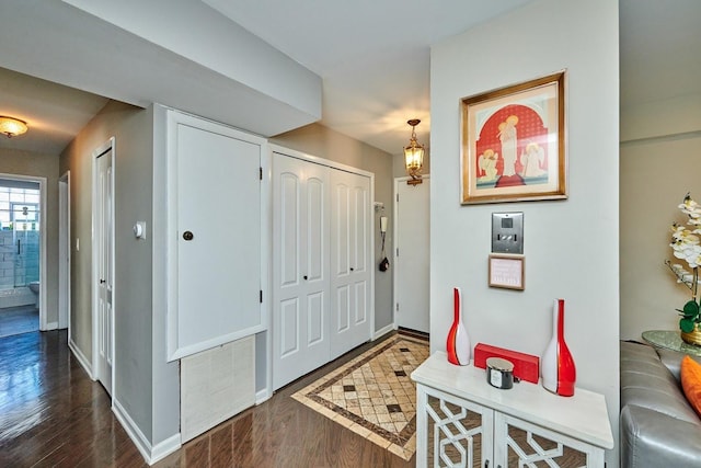 entryway with baseboards and wood finished floors