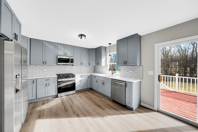 kitchen featuring light wood finished floors, backsplash, light countertops, gray cabinets, and appliances with stainless steel finishes