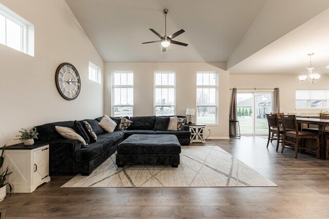 1125 Juniper Dr, Sycamore, IL 60178 - living room with ceiling fan, healthy amount of natural light, wood finished floors, and high vaulted ceiling