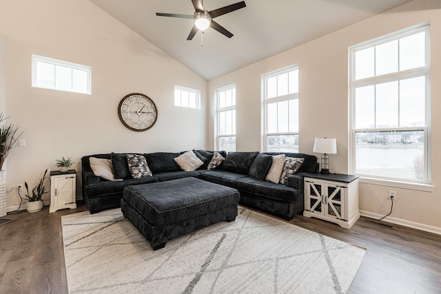 1125 Juniper Dr, Sycamore, IL 60178 - living room featuring ceiling fan, wood finished floors, high vaulted ceiling, and baseboards