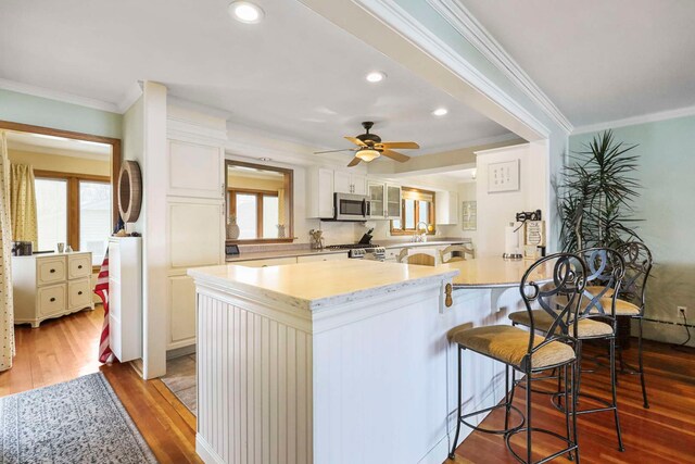 2115 N Woodlawn Park Ave, Mchenry, IL 60051 - kitchen featuring light wood-style floors, a kitchen breakfast bar, a peninsula, a ceiling fan, and stainless steel appliances