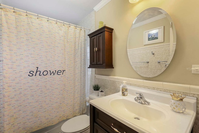 2115 N Woodlawn Park Ave, Mchenry, IL 60051 - full bath with vanity, ornamental molding, toilet, curtained shower, and tile walls