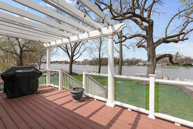 2115 N Woodlawn Park Ave, Mchenry, IL 60051 - wooden terrace featuring grilling area, a yard, a pergola, and a water view