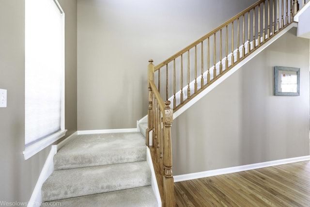 stairway featuring carpet flooring and baseboards