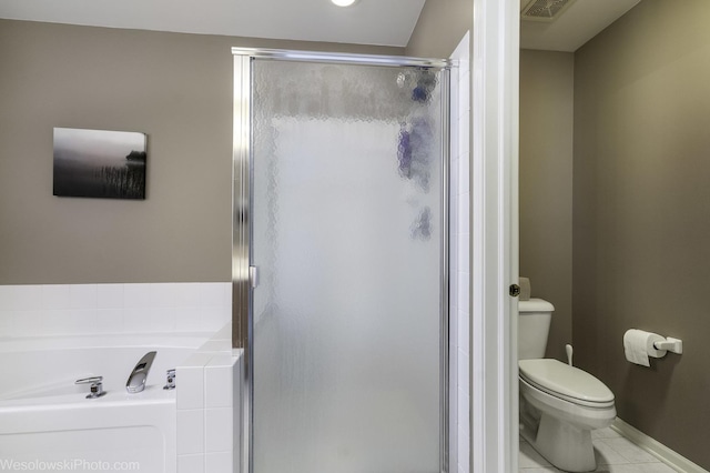 full bath with visible vents, a stall shower, a garden tub, toilet, and tile patterned floors