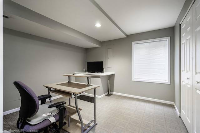 office area with recessed lighting, visible vents, baseboards, and light carpet