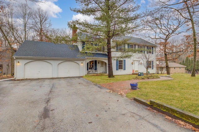 colonial house with aphalt driveway, a chimney, a shingled roof, a front yard, and a garage