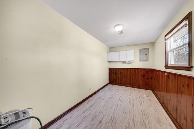 interior space with wooden walls, visible vents, electric panel, baseboards, and wainscoting