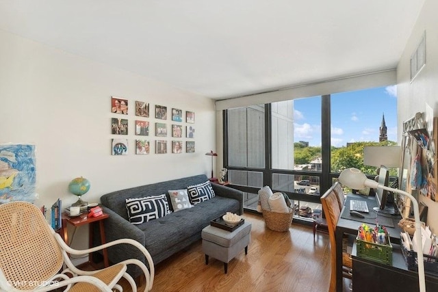 living room featuring expansive windows and wood finished floors