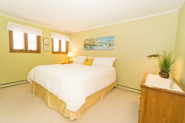 bedroom featuring light carpet, ornamental molding, baseboard heating, and a baseboard radiator