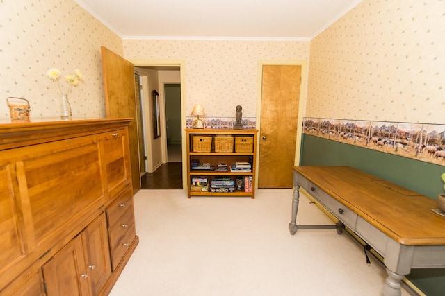 office featuring light carpet, ornamental molding, and wallpapered walls