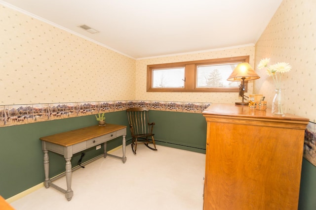 home office featuring visible vents, crown molding, built in desk, and wallpapered walls