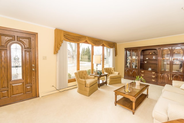 living room featuring a baseboard heating unit, crown molding, and light colored carpet