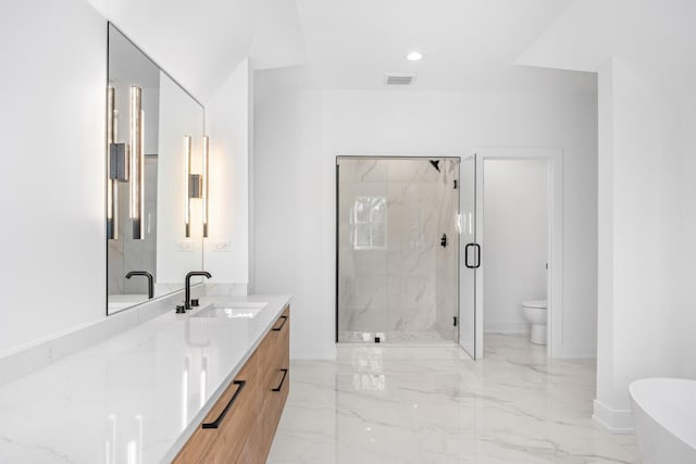 full bath with marble finish floor, a marble finish shower, visible vents, toilet, and vanity