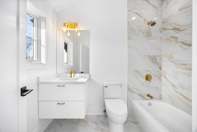 full bathroom with marble finish floor, shower / bathing tub combination, toilet, vanity, and baseboards