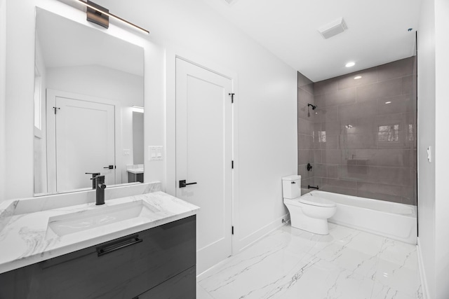 bathroom with shower / tub combination, toilet, vanity, baseboards, and marble finish floor