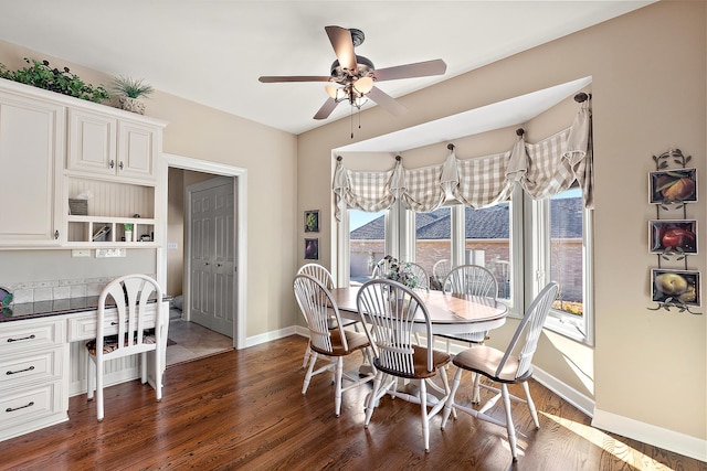 dining area featuring baseboards, dark wood-style floors, a ceiling fan, and built in study area