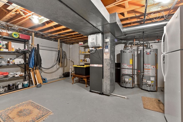 unfinished below grade area featuring gas water heater and heating unit