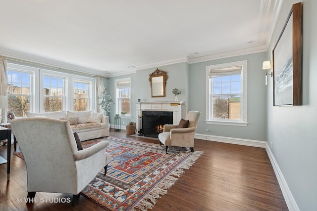 living area with wood finished floors, baseboards, a high end fireplace, and ornamental molding