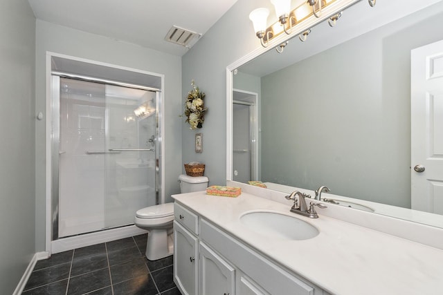 full bathroom featuring visible vents, toilet, vanity, a shower stall, and tile patterned floors