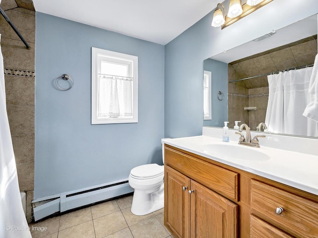 bathroom with vanity, curtained shower, tile patterned flooring, a baseboard heating unit, and toilet