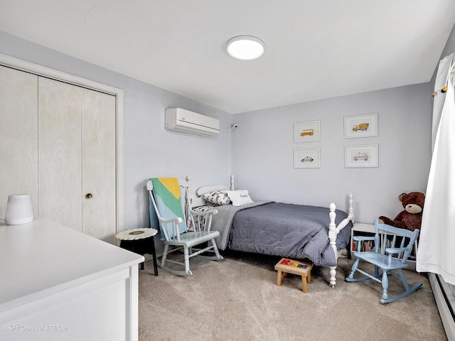 bedroom featuring light carpet, a closet, and a wall mounted AC