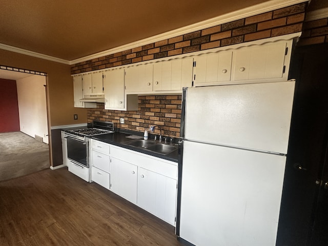 kitchen featuring freestanding refrigerator, gas range oven, crown molding, under cabinet range hood, and a sink