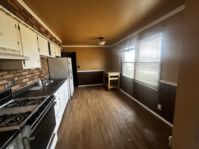 kitchen with range with gas stovetop, dark wood finished floors, ornamental molding, a sink, and under cabinet range hood