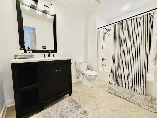 full bathroom with vanity, visible vents, ornamental molding, tile patterned floors, and shower / bath combo with shower curtain