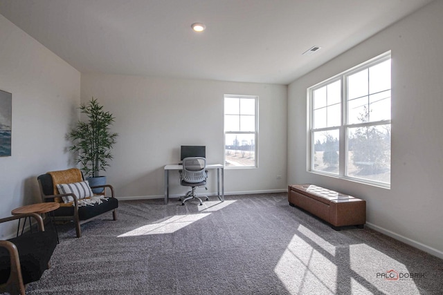 office space with visible vents, baseboards, and carpet