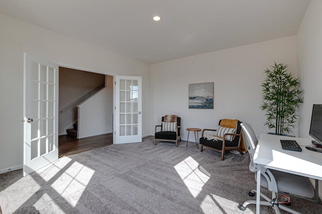 carpeted home office with recessed lighting and french doors