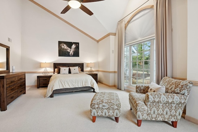 carpeted bedroom featuring visible vents, high vaulted ceiling, ornamental molding, baseboards, and ceiling fan