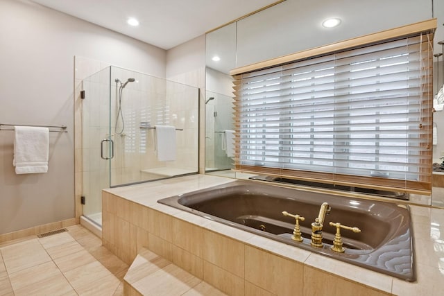 bathroom with visible vents, recessed lighting, a shower stall, tile patterned flooring, and a bath