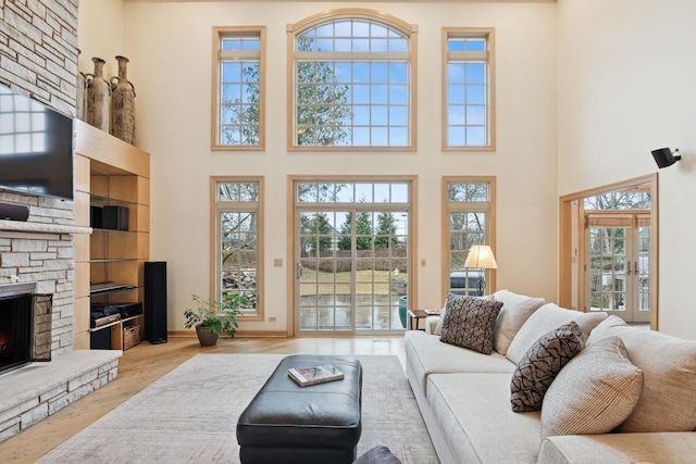 living area featuring wood finished floors and a fireplace