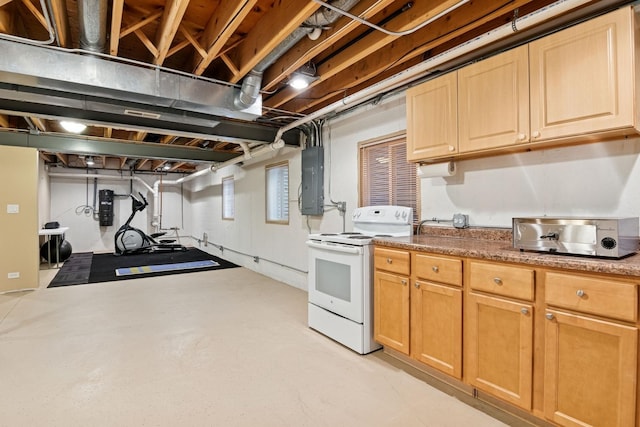 kitchen with a toaster, electric panel, concrete floors, and white range with electric stovetop